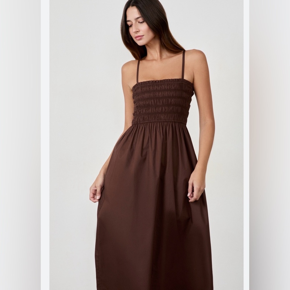 Smocked Cotton Spaghetti Strap Maxi Dress - Brown